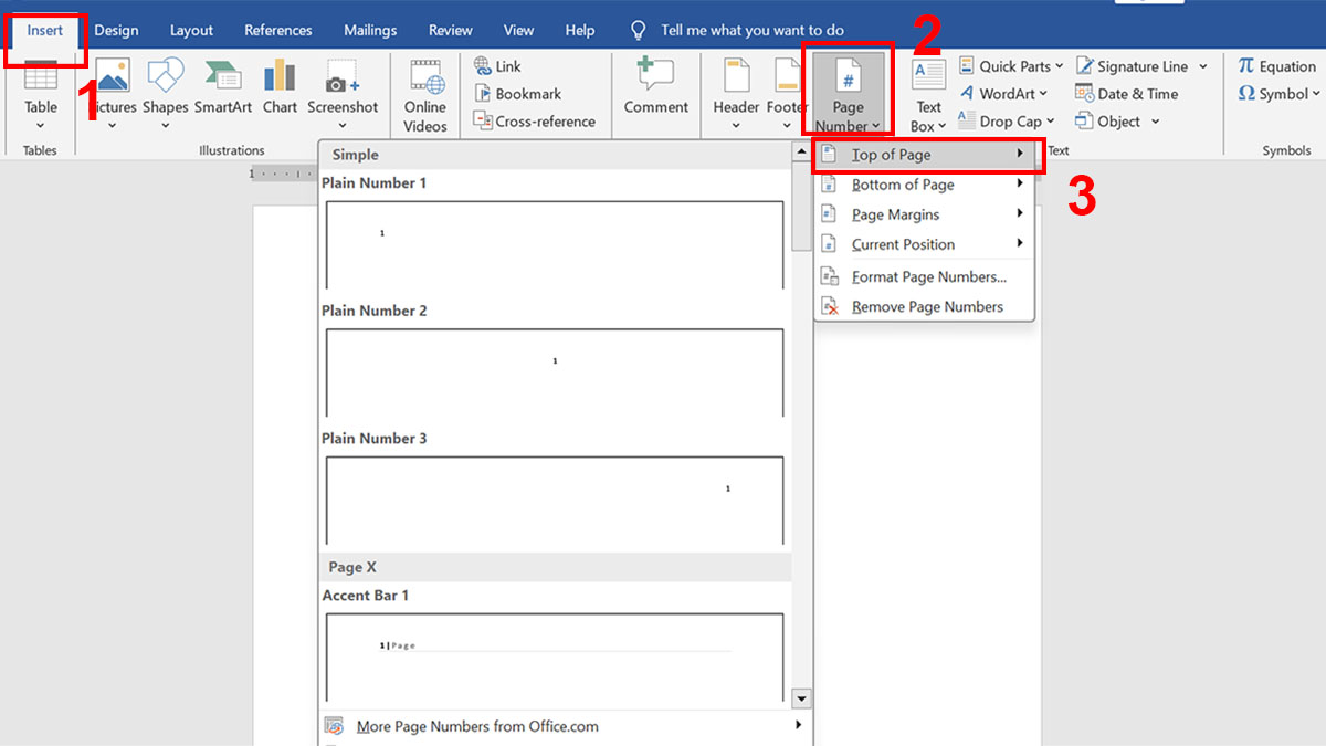 Đánh số trang la mã trong Word bằng Page number cách 1 bước 1