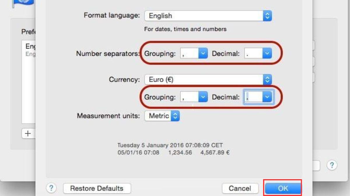 Cách đổi dấu phẩy thành dấu chấm trong Excel trên Macbook bước 4