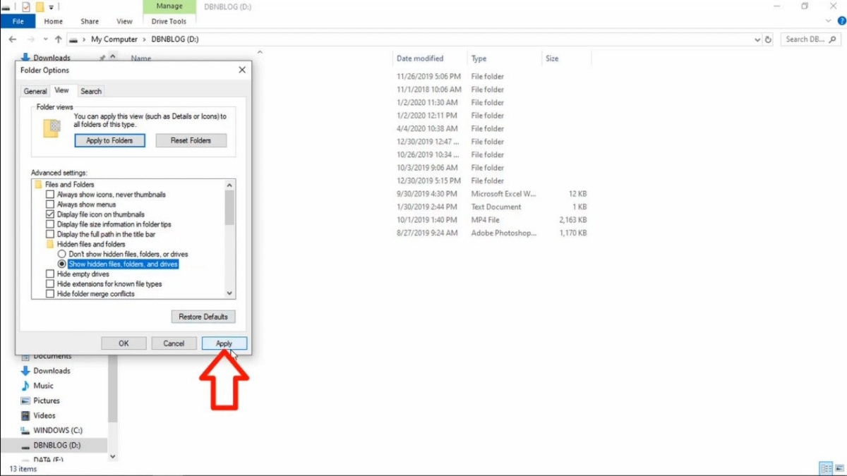 Cách hiện file ẩn Win 10 cách 1 bước 3