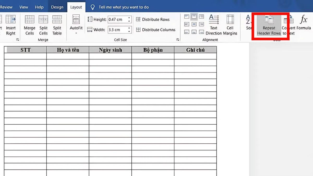 Cách lặp lại tiêu đề trong bảng Word với Repeat Header Rows bước 3