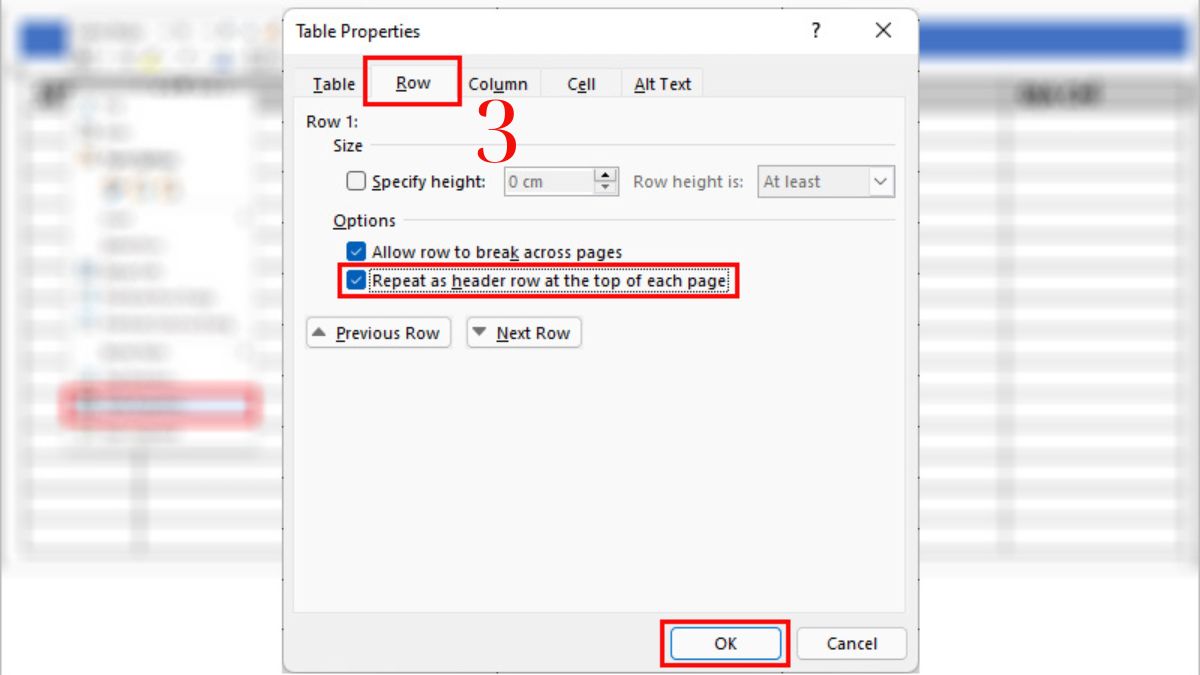 Cách lặp lại tiêu đề bảng trong Word bằng Table Properties cách 1 bước 3