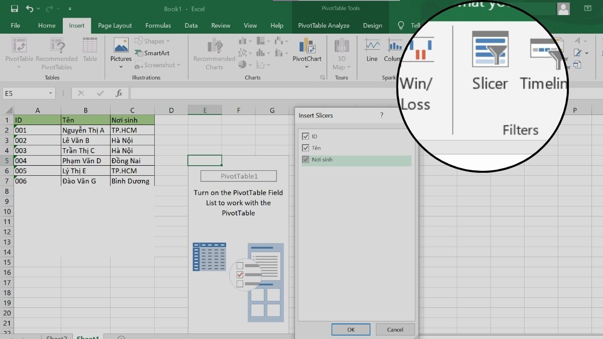 Cách 2 sử dụng Slicer trong Excel bước 1