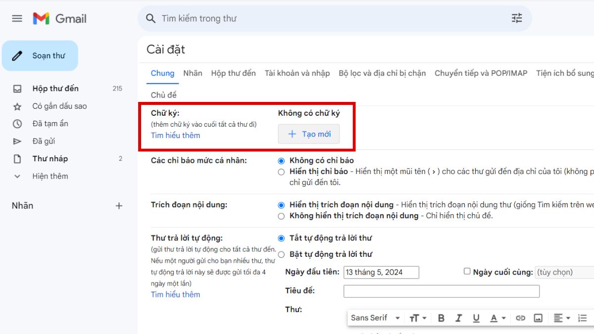 Tạo chữ ký Gmail bước 3