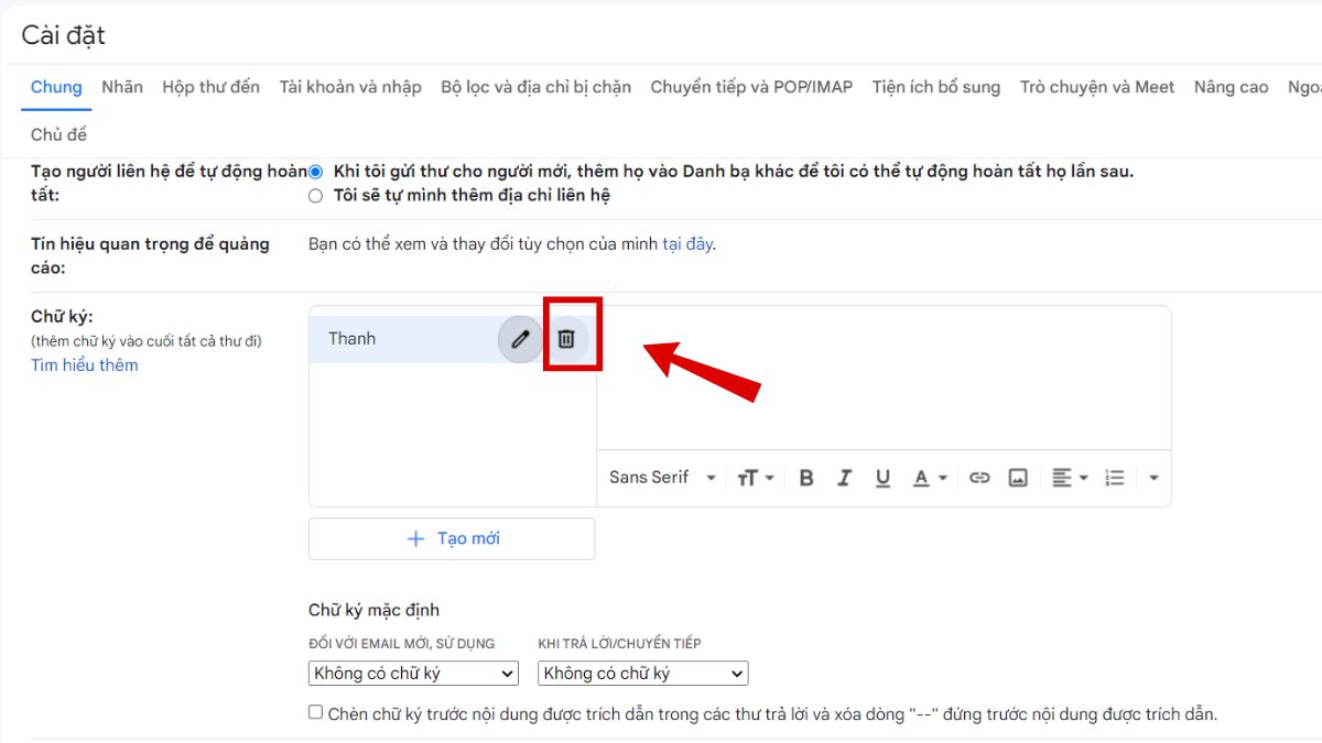 Tạo chữ ký Gmail và bước xoá 1