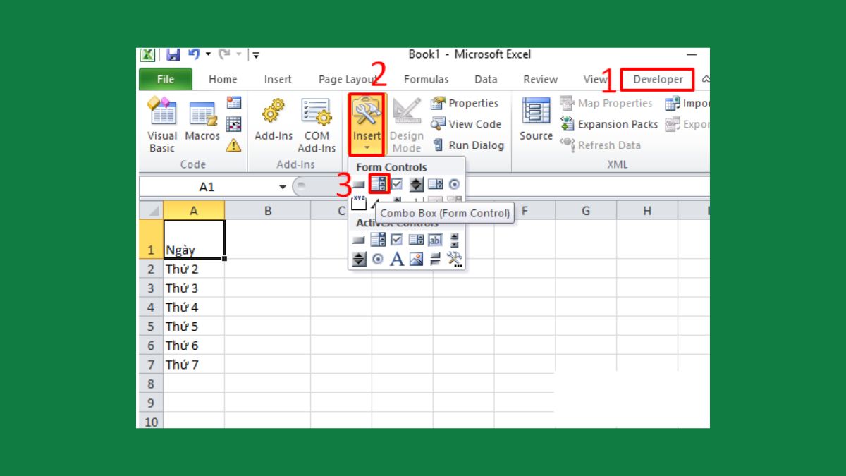 Cách tạo ComboBox bằng Developer tab bước 2