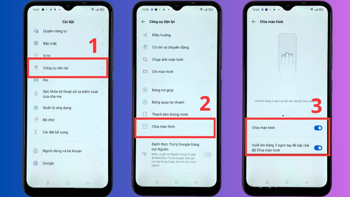 Cách chia đôi màn hình Realme trong cài đặt bước 1
