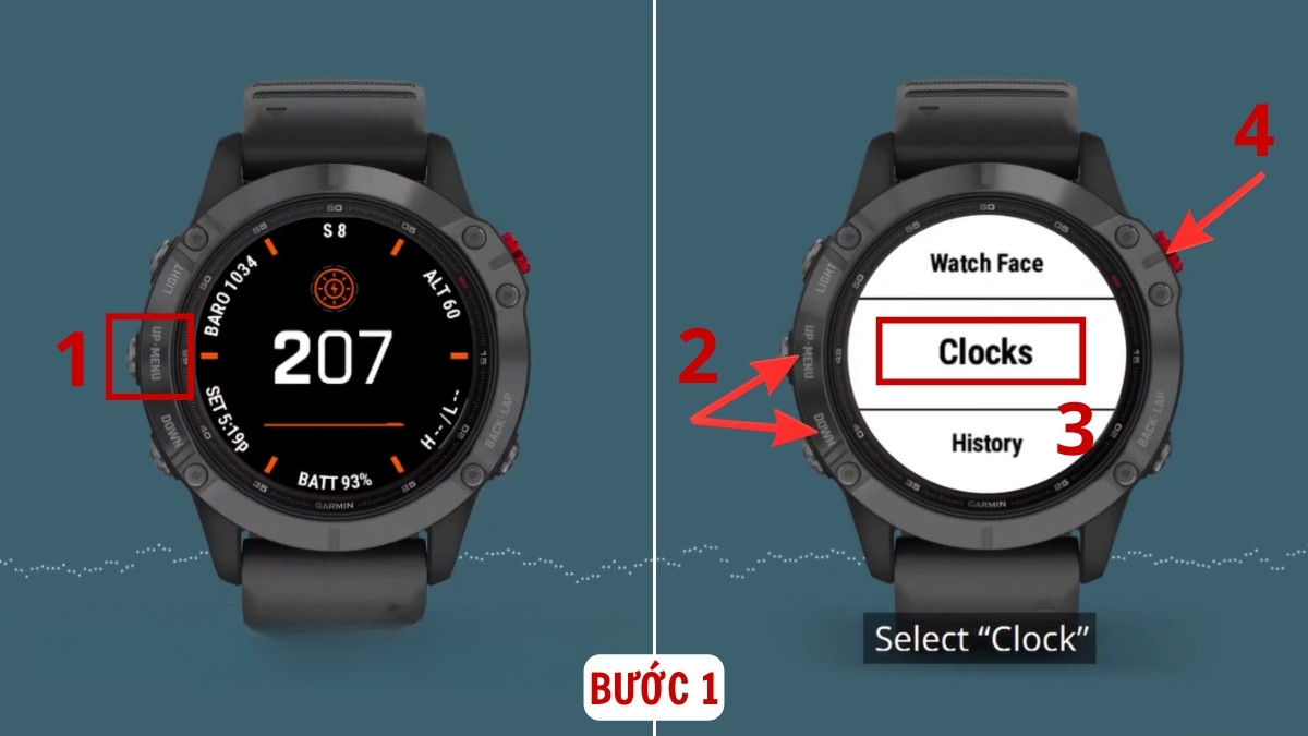 Các tùy chỉnh thời gian trên đồng hồ Garmin cài báo thức bước 1