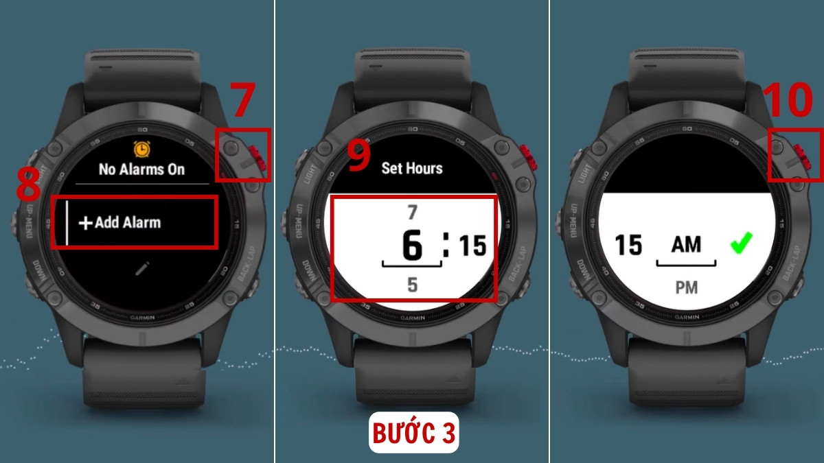 Các tùy chỉnh thời gian trên đồng hồ Garmin cài báo thức bước 3