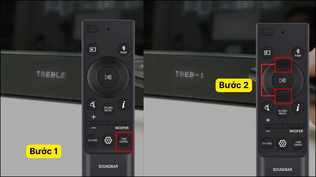 Cách chỉnh loa soundbar bass treble Samsung bước 1