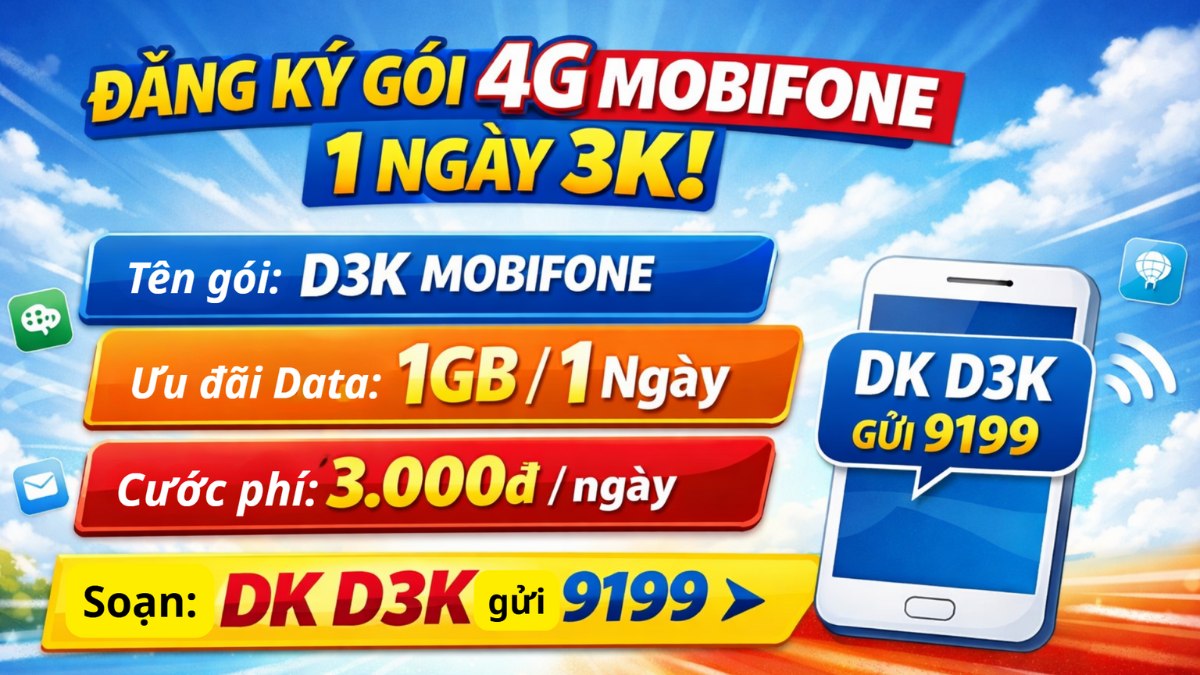 Cách đăng ký gói cước mạng 4G MobiFone 1 ngày 3k