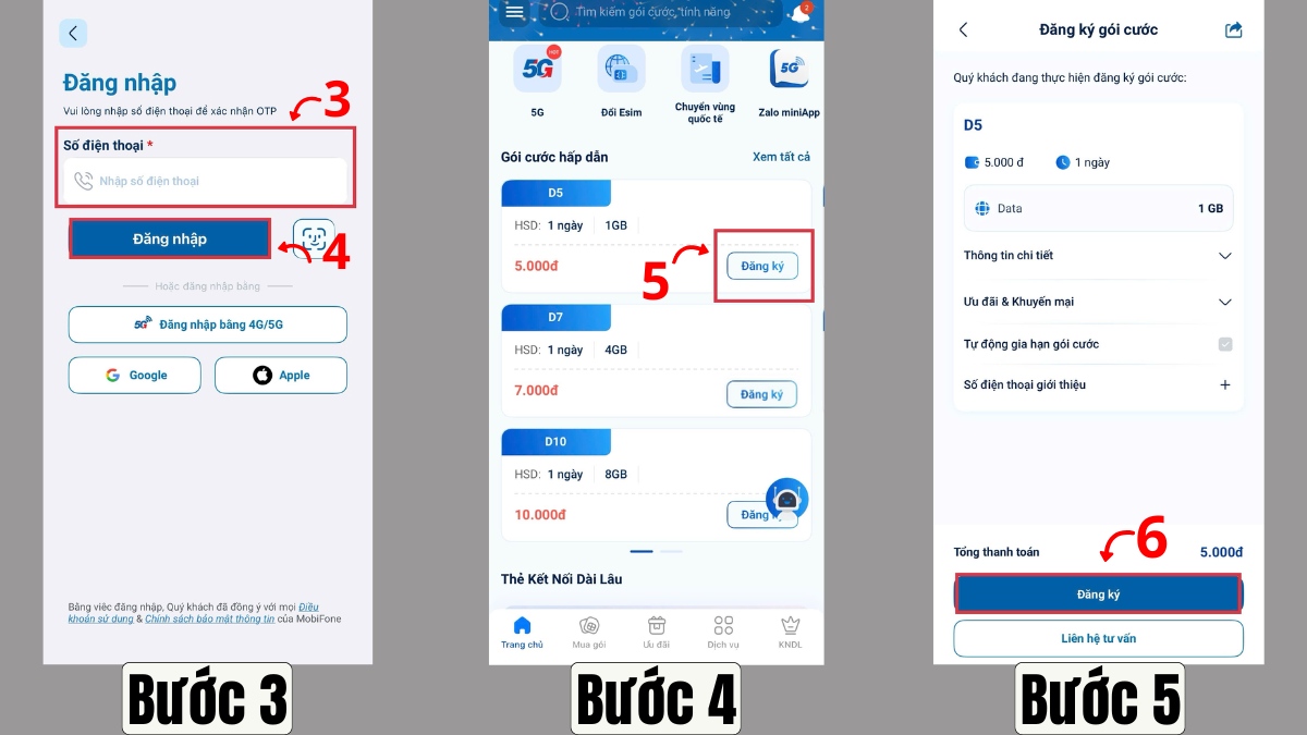 cách Đăng ký mạng 4g 1 ngày qua app My MobiFone bước 3