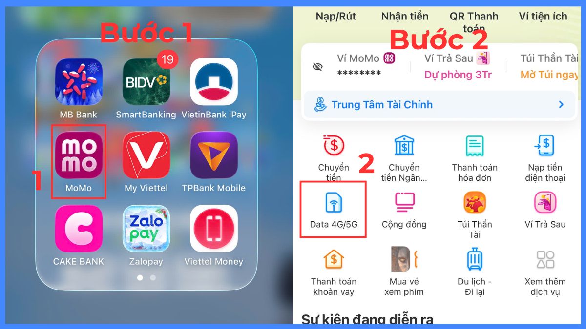 Cách đăng ký 4G Vinaphone 1 ngày qua MoMo bước 1