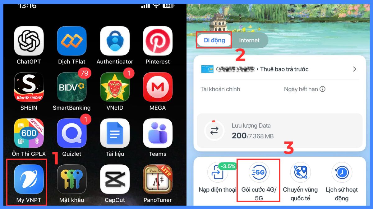 cách Đăng ký gói cước 4G Vinaphone 1 ngày qua app My VNPT bước 1