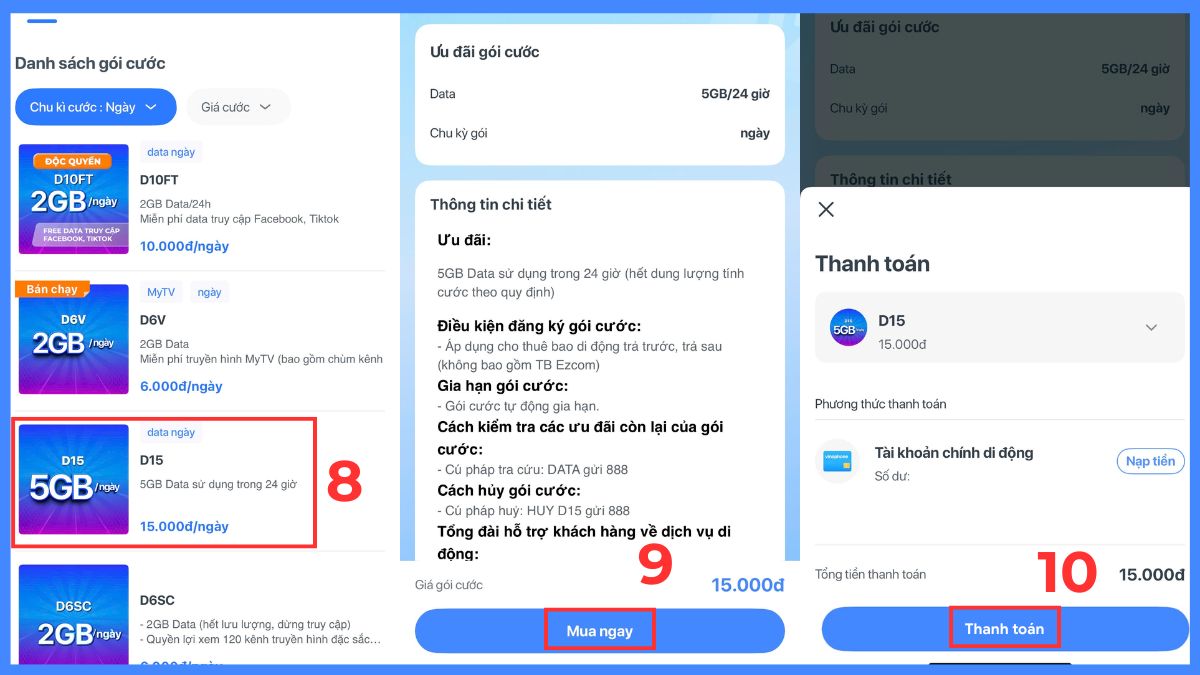 cách Đăng ký gói cước 4G Vinaphone 1 ngày qua app My VNPT bước 3