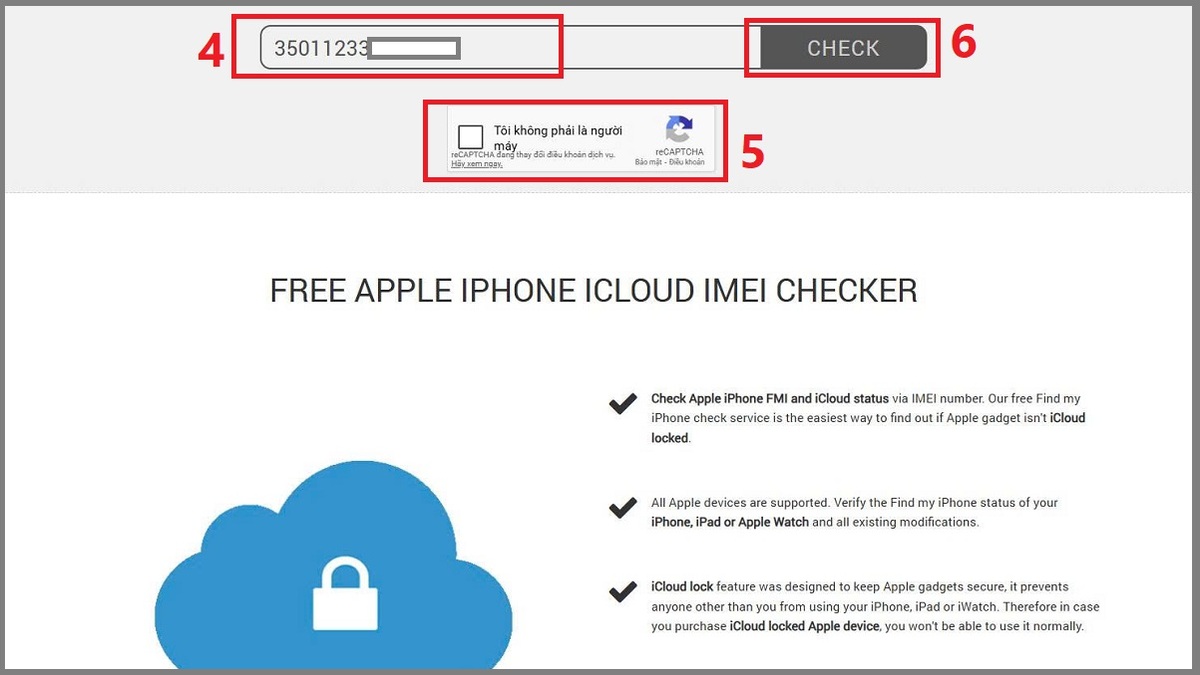 cách Kiểm tra iCloud ẩn trên iPhone cũ bằng số IMEI bước 2