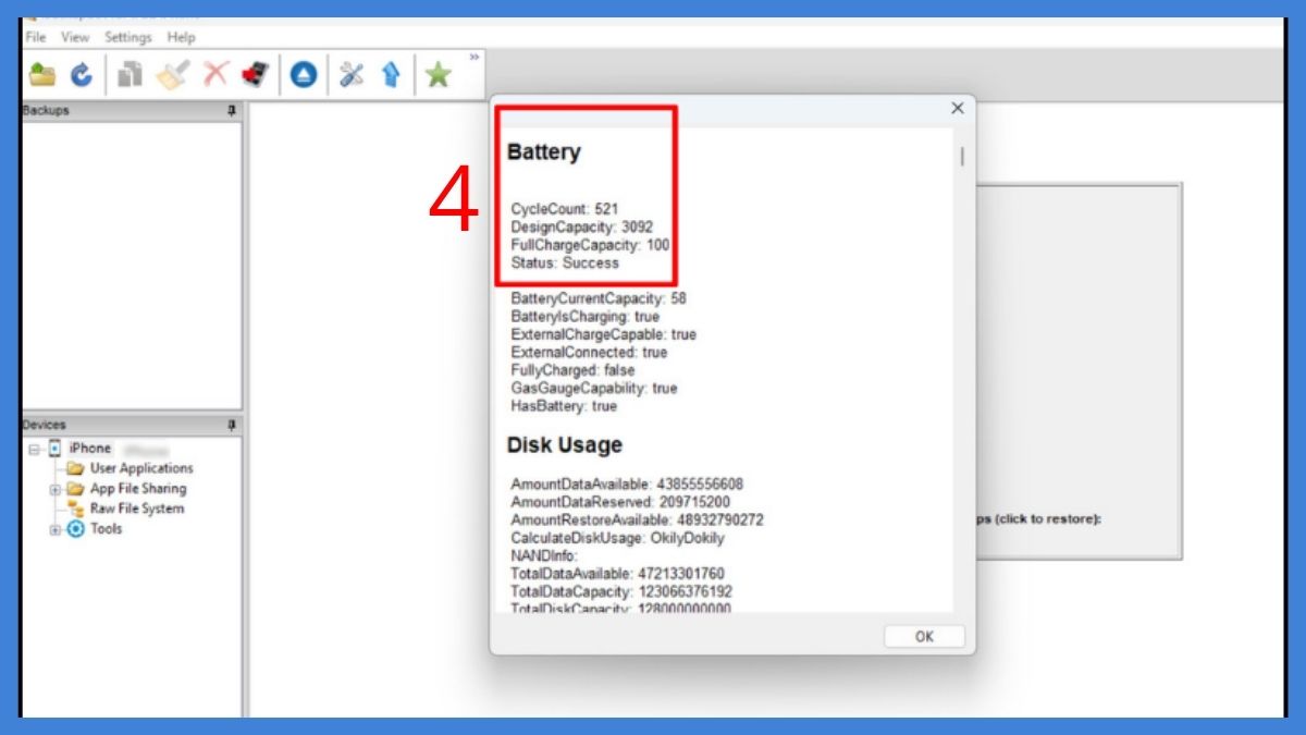 cách Kiểm tra pin iPhone chính hãng bằng phần mềm iBackupbot bước 3