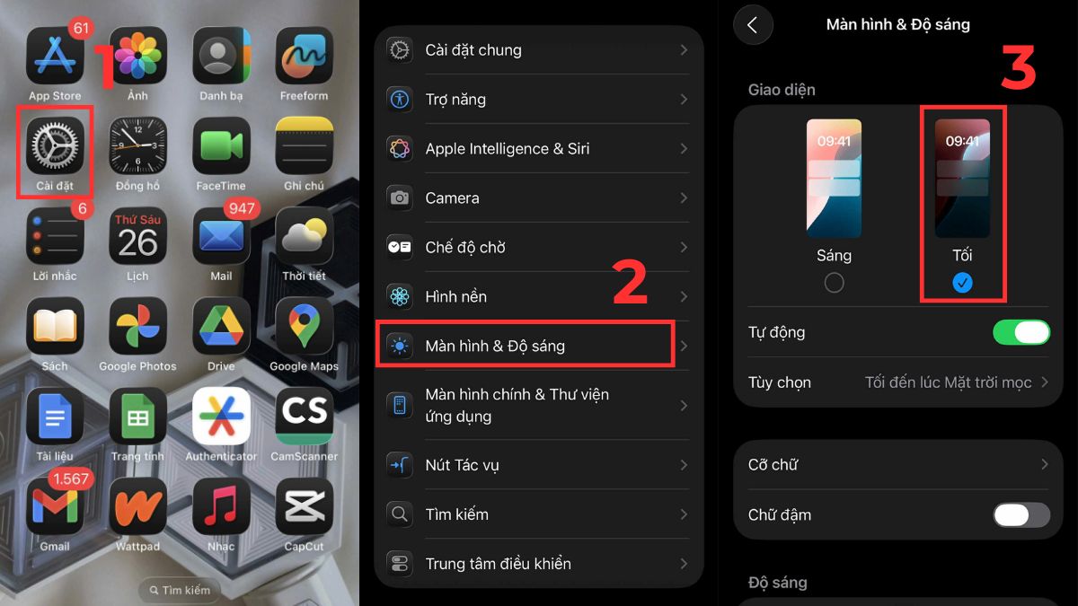 Thao tác bật Dark Mode trên iPhone