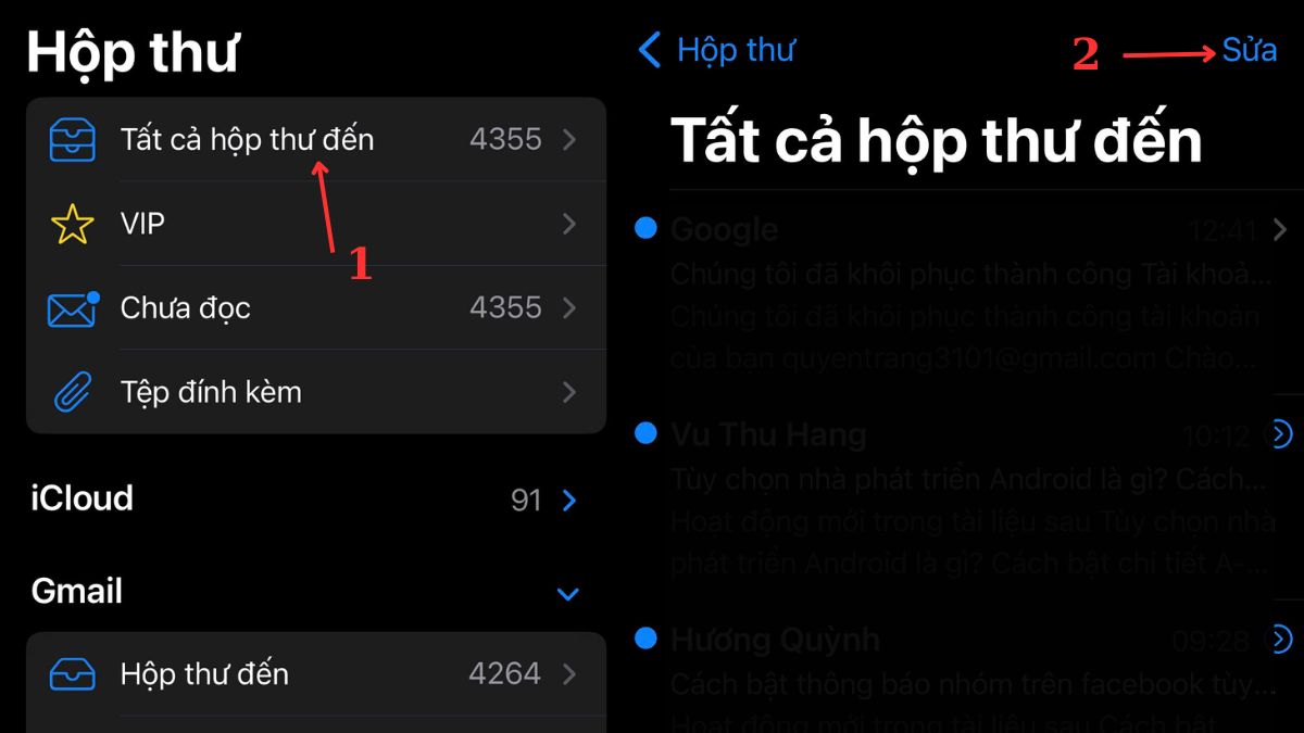 Cách xoá toàn bộ email trên iPhone trong hộp thư bước 1