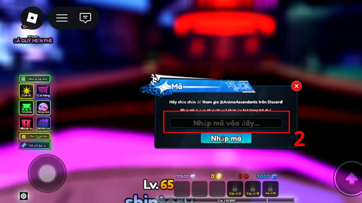 Cách đổi mã code Anime Ascendants bước 2