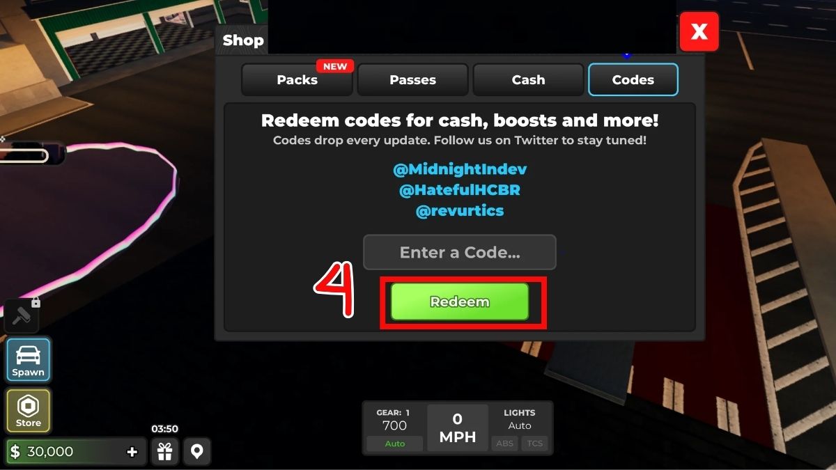 Cách nhập mã code Midnight Chasers bước 4