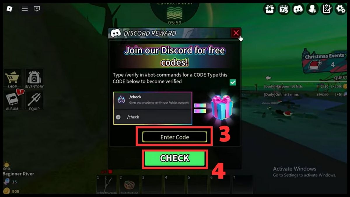 Cách nhập mã code Spear Fishing bước 3