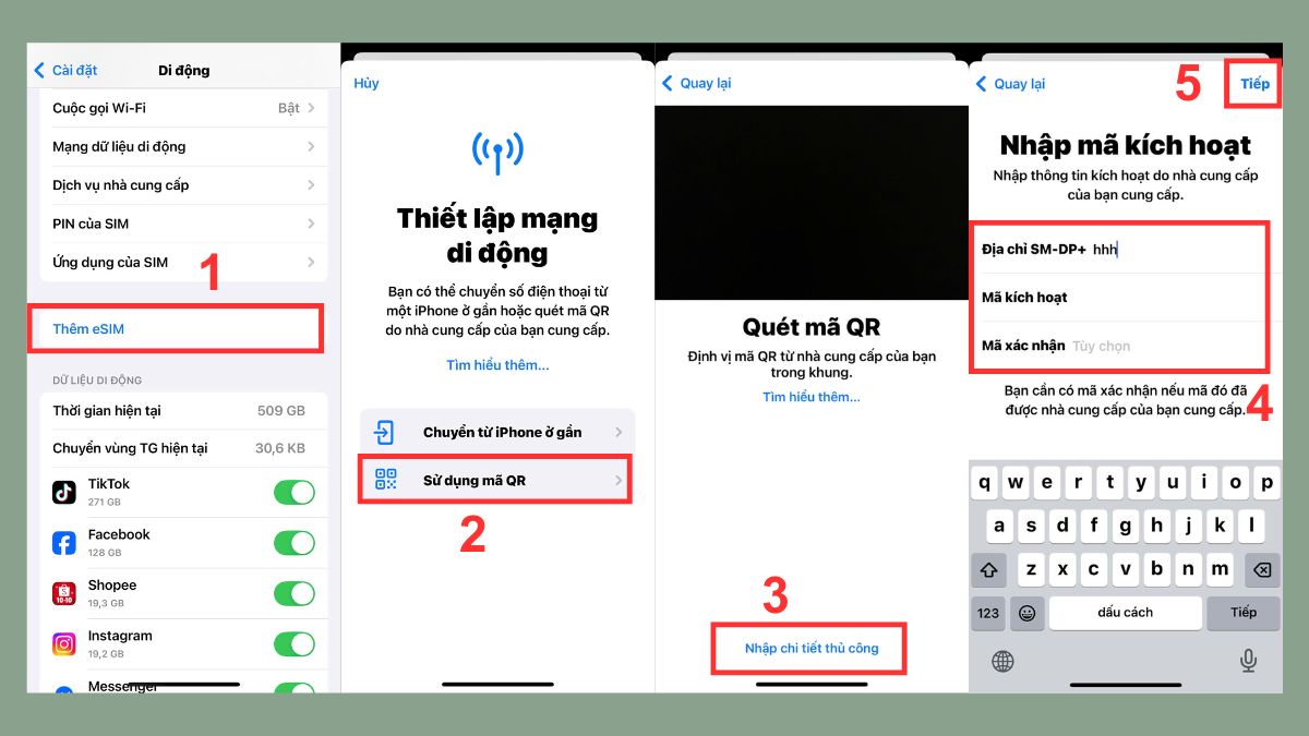 Cách kích hoạt eSIM trên iPhone trong cài đặt bước 1