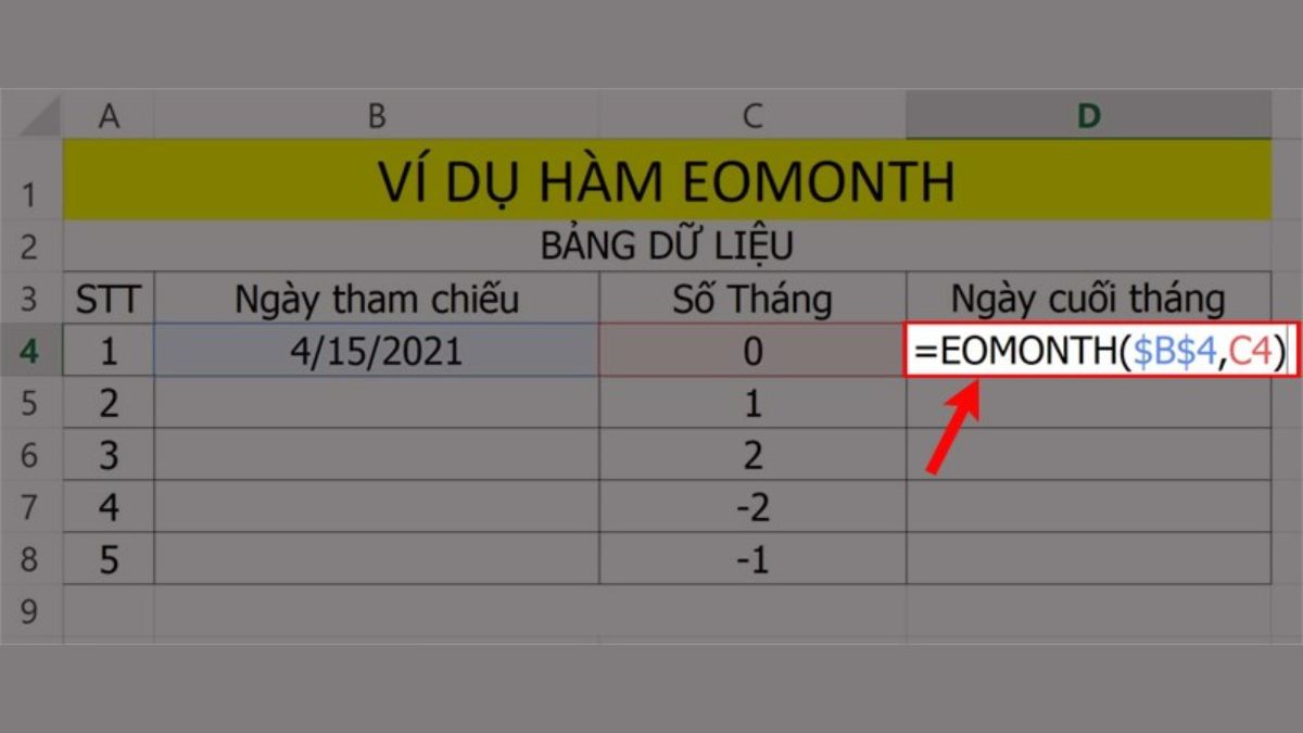 Cách sử dụng hàm EOMONTH trong excel bước 1