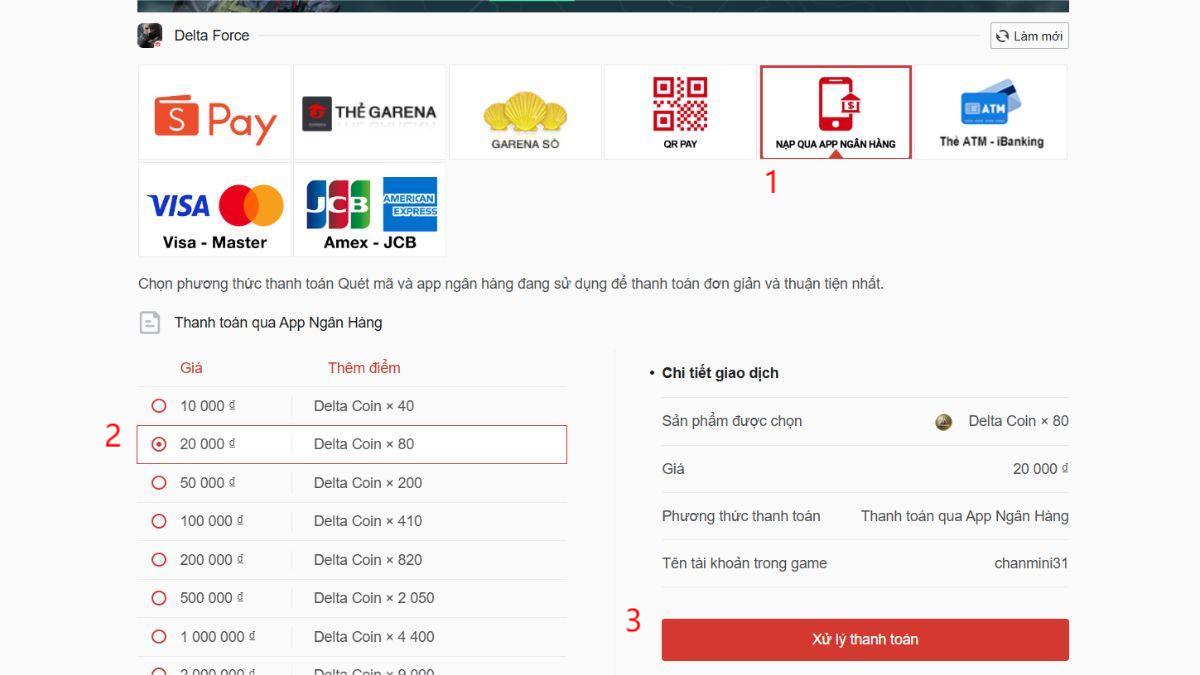 Cách nạp tiền Delta Force bằng app ngân hàng bước 2