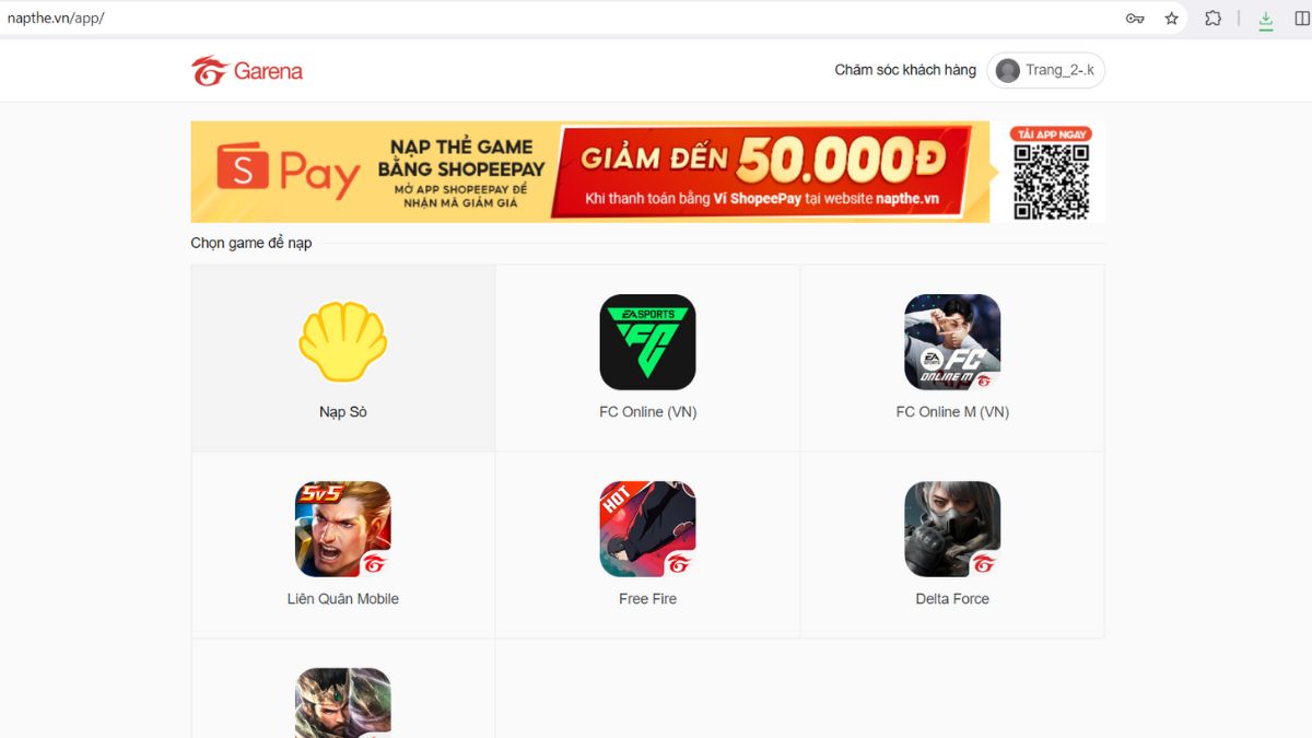 Cách nạp sò Delta Force bằng QR Pay bước 1