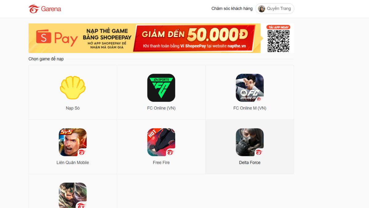 Cách nạp Delta Force bằng chuyển Garena Sò bước 1
