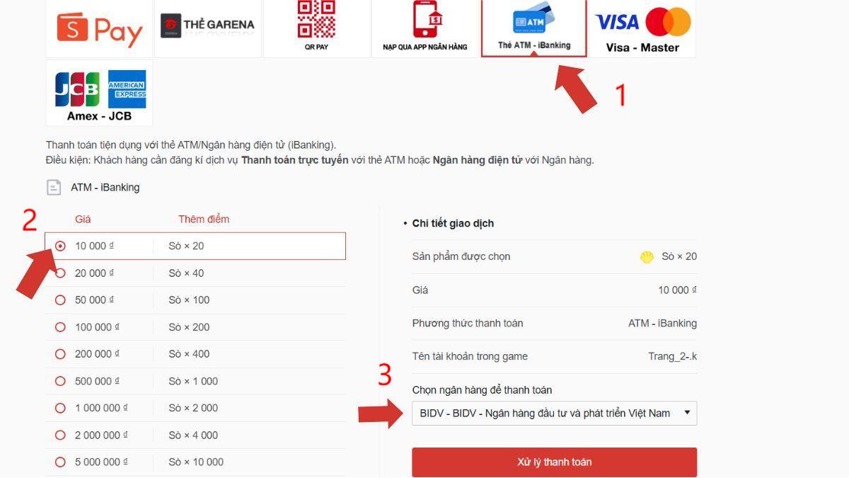 Cách nạp Delta Force bằng ATM Banking bước 2