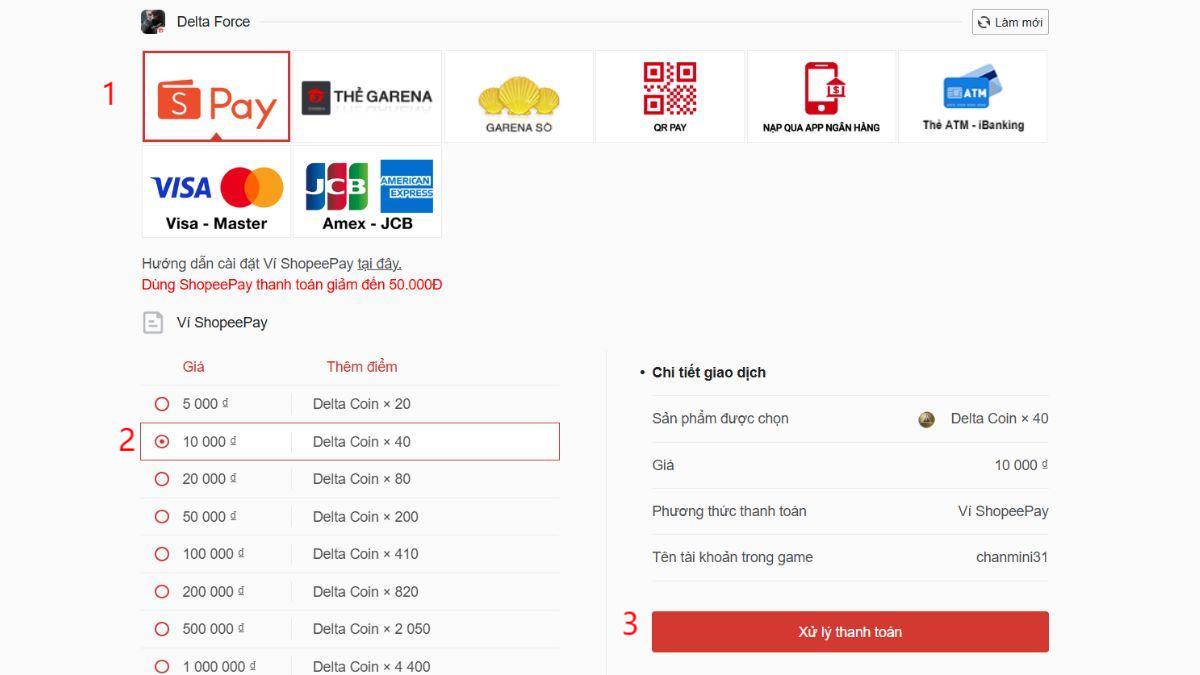 Cách nạp tiền Delta Force bằng ShopeePay bước 2