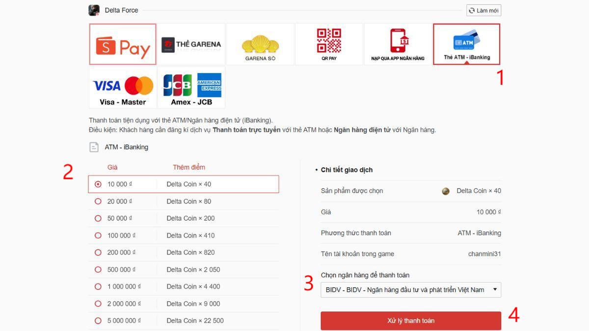 Cách nạp Delta Force bằng ATM Banking bước 5