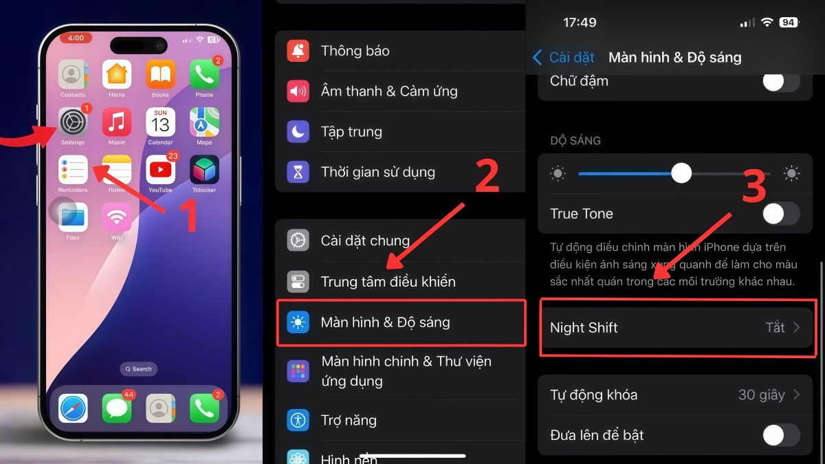 Cách bật tắt Night Shift trên điện thoại trong cài đặt bước 1