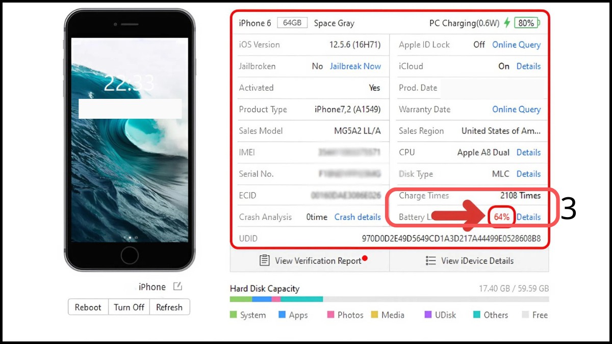 Tại sao iPhone cũ lại có pin 100% cách kiểm tra bằng 3uTools bước 3