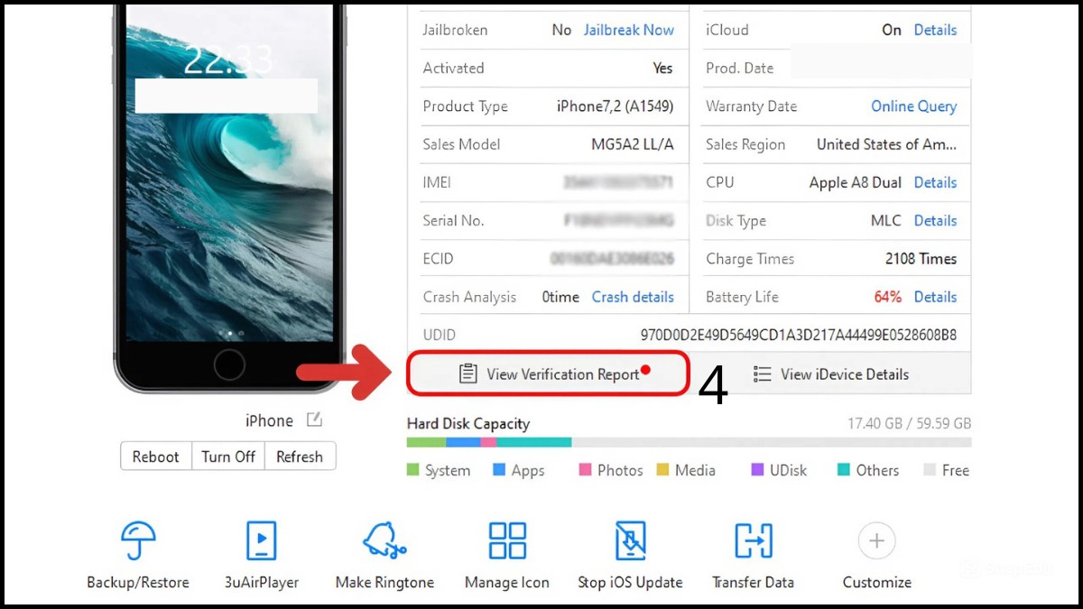 Tại sao iPhone cũ lại có pin 100% cách kiểm tra bằng 3uTools bước 4
