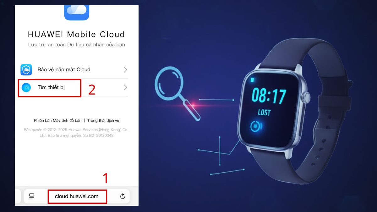 cách Tìm đồng hồ Huawei bằng điện thoại trên Huawei Cloud bước 1