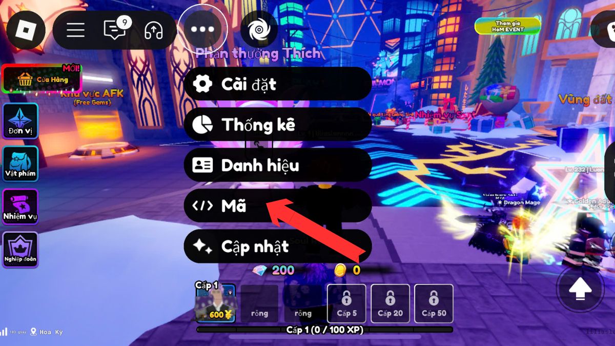 Cách nhập code Anime Defense RNG - bước 2