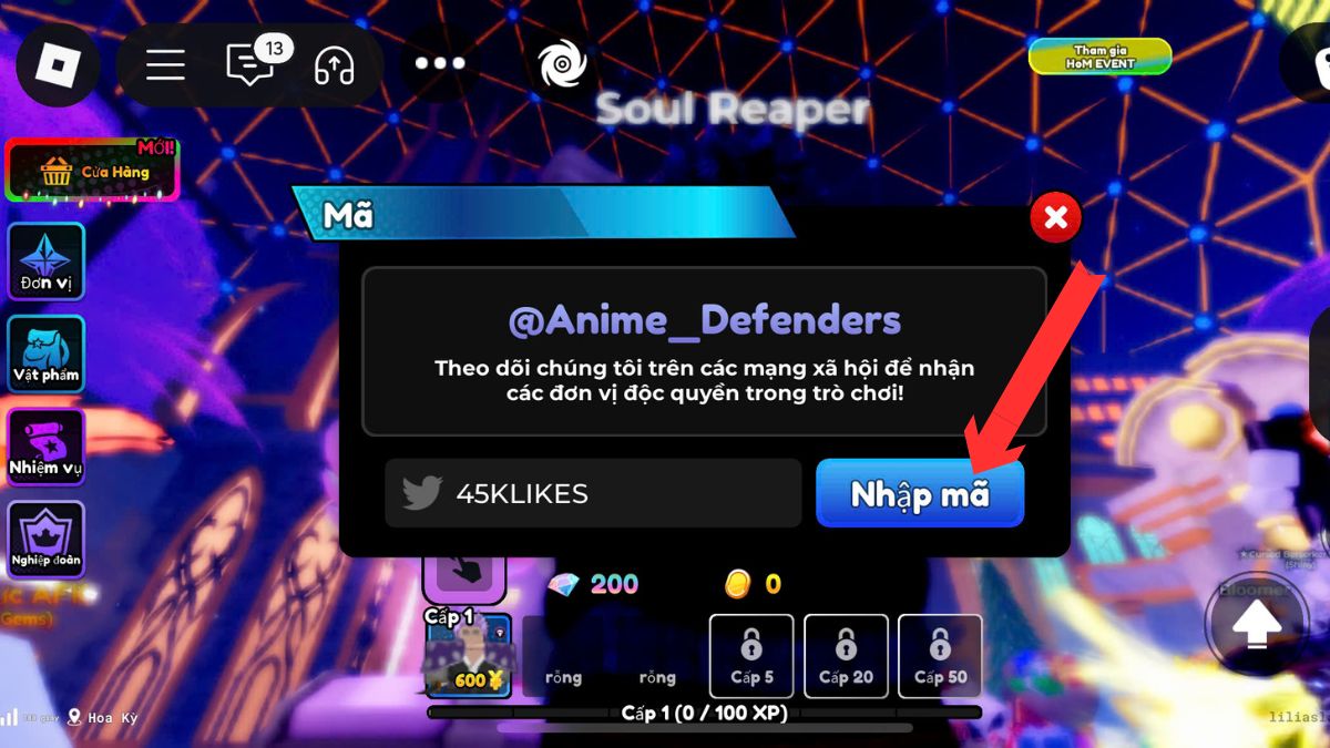 Cách nhập code Anime Defense RNG - bước 3