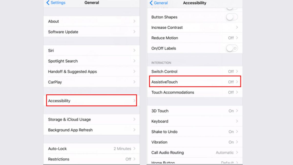Tắt VoiceOver trên iPhone bằng AssistiveTouch bước 1,2