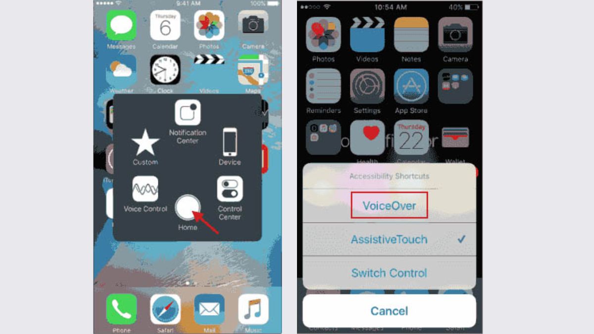 Tắt VoiceOver trên iPhone bằng AssistiveTouch bước 3,4