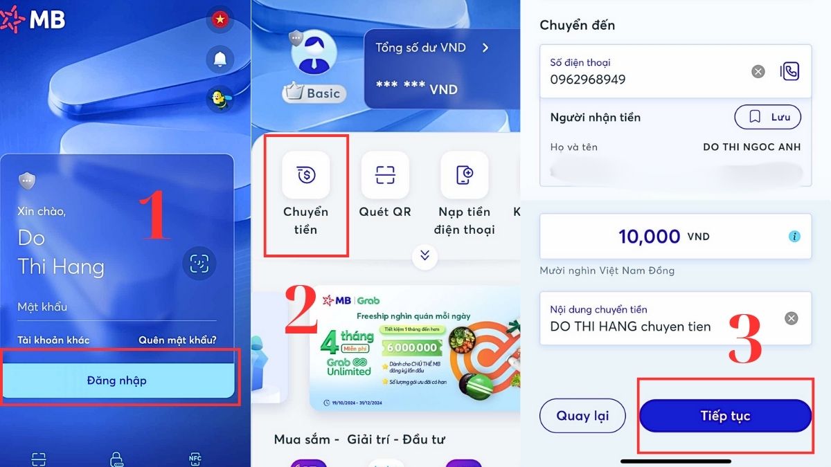 cách chuyển tiền từ ngân hàng mb sang momo - bước 1,2,3