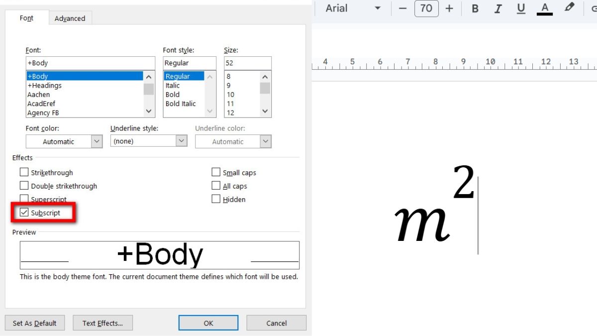 Cách gõ mét vuông, mét khối trong Word dùng hộp thoại font - bước 3