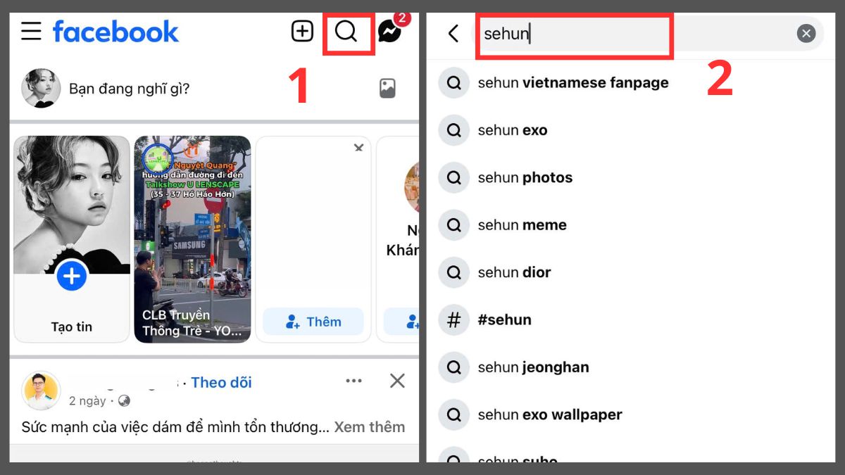 Hướng dẫn cách tìm bài viết cũ trên Facebook bằng thanh tìm kiếm - bước 1,2