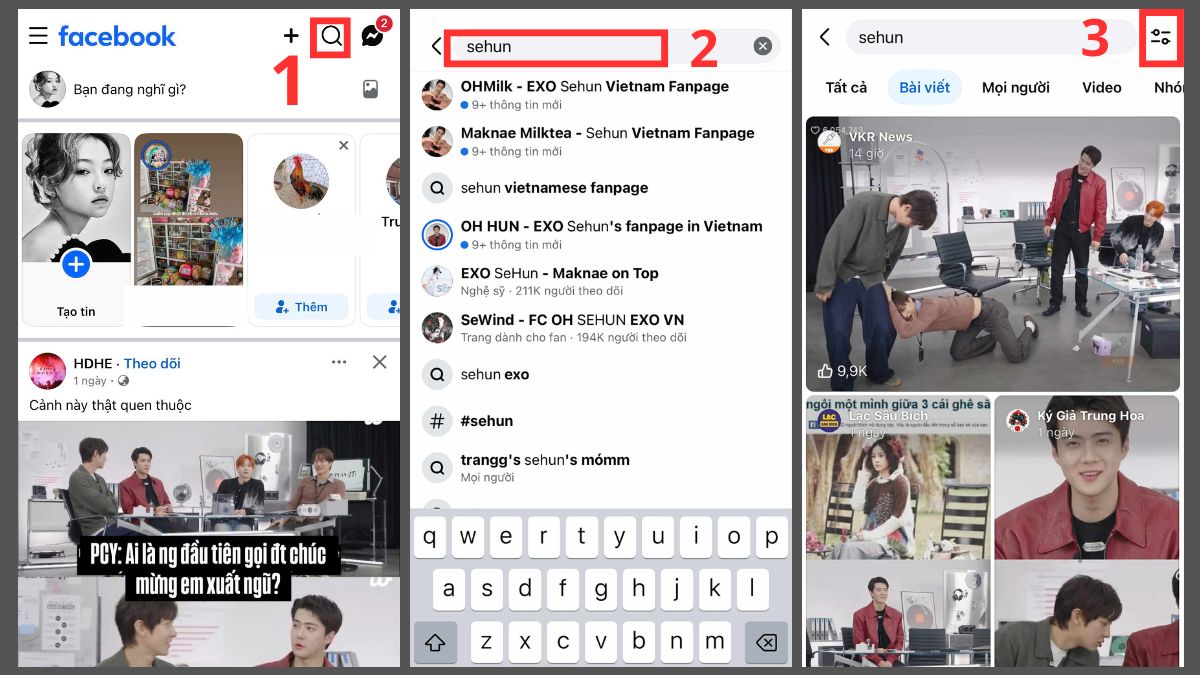 Hướng dẫn cách tìm bài viết cũ trên Facebook qua bộ lọc -  bước 1,2,3