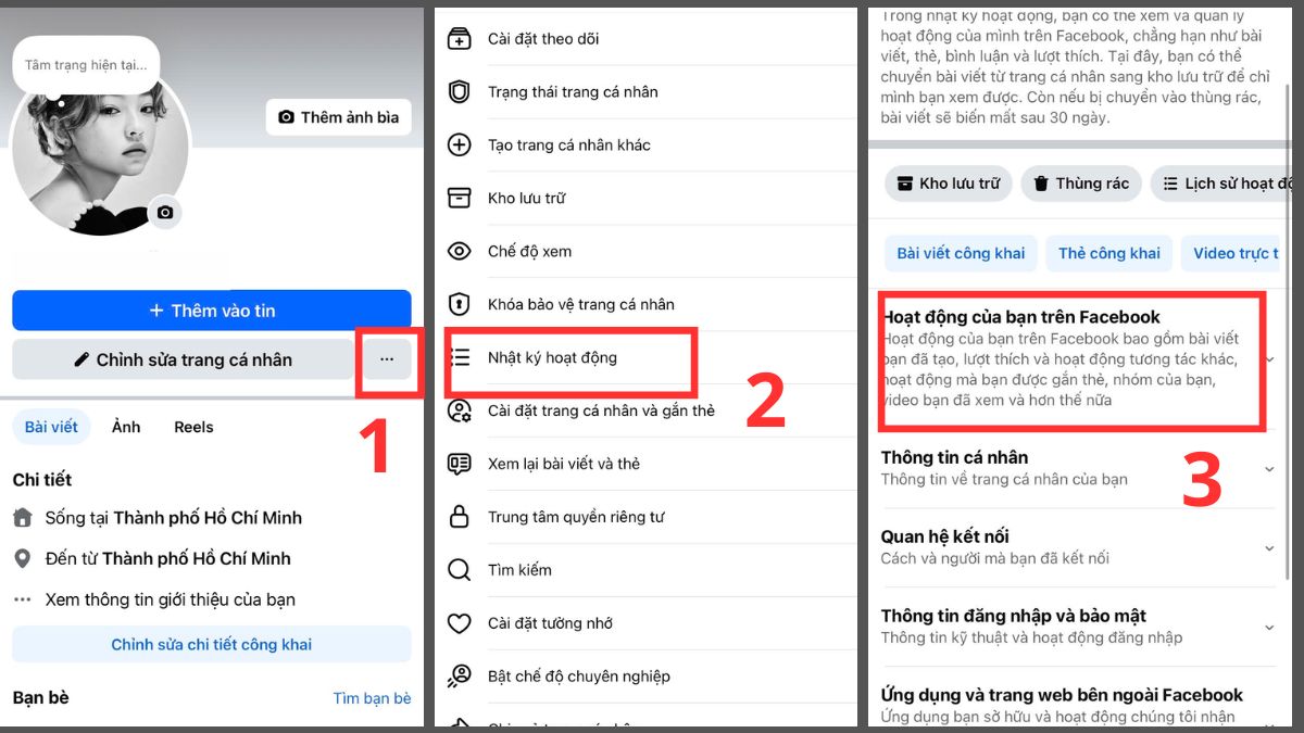 Hướng dẫn cách tìm bài viết cũ đã thích, đã comment trên Facebook - bước 1,2,3