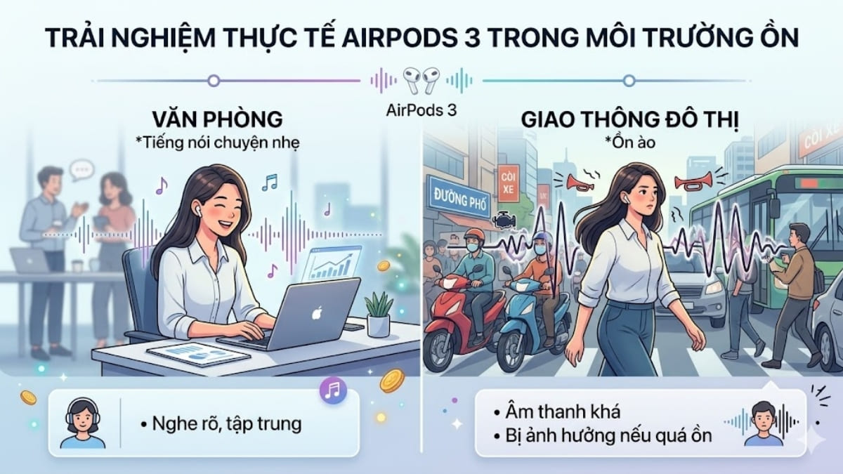 Trải nghiệm thực tế AirPods 3 trong môi trường ồn