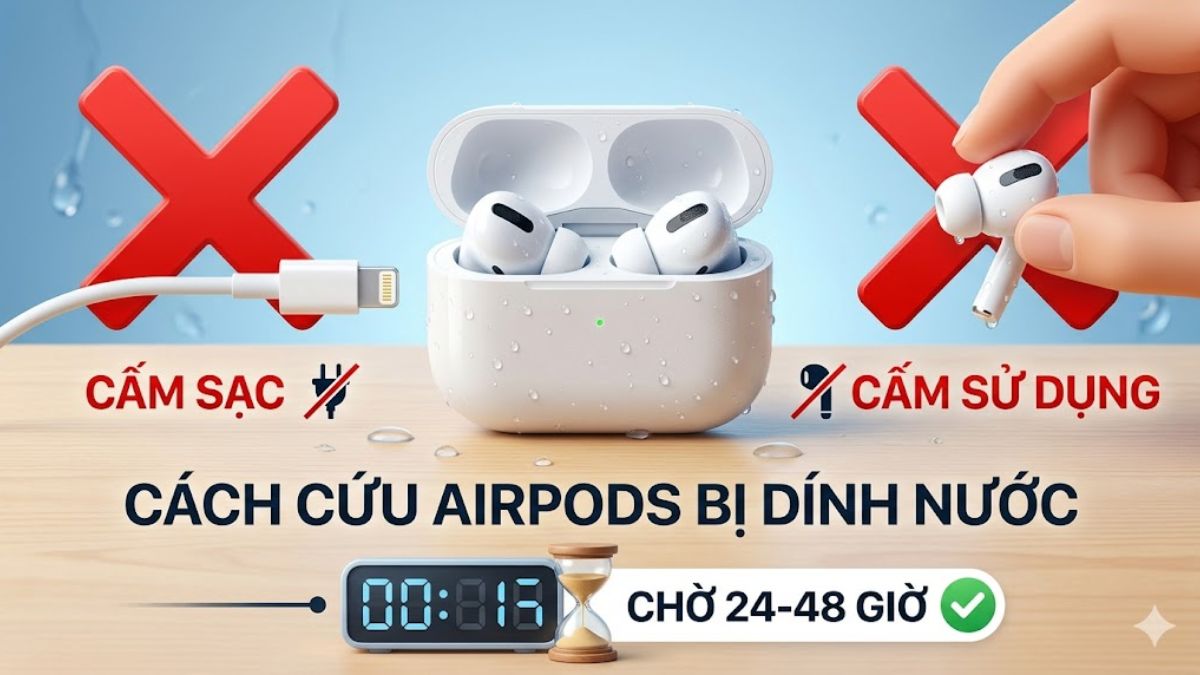 Cách xử lý nhanh khi AirPods rơi xuống nước - không sạc hoặc sử dụng trong 24 - 48h