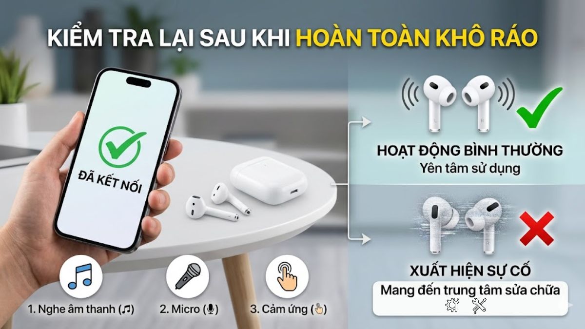 Cách xử lý nhanh khi AirPods rơi xuống nước - kiểm tra lại sau khi khô hoàn toàn