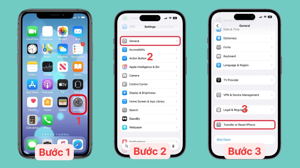 Cách khắc phục AirPods không hiện popup trên thiết bị - reset lại kết nội mạng trên iPhone - bước 1,2,3